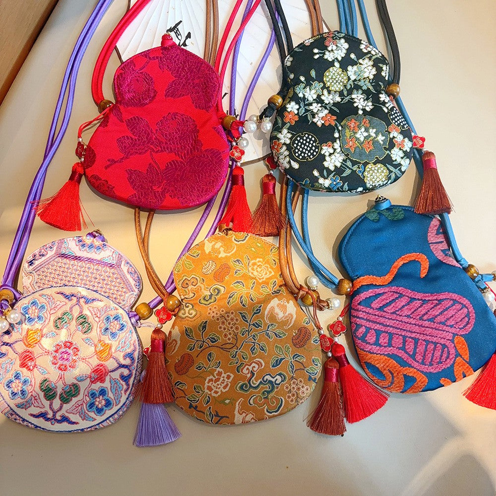 Chinese-style Embroidered Eight Treasures Gourd Crossbody Bag and Phone Bag