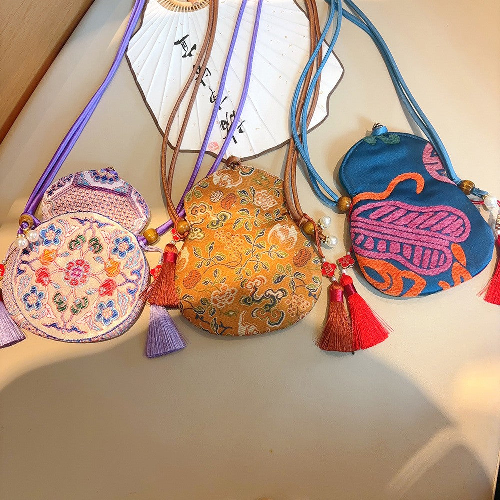 Chinese-style Embroidered Eight Treasures Gourd Crossbody Bag and Phone Bag