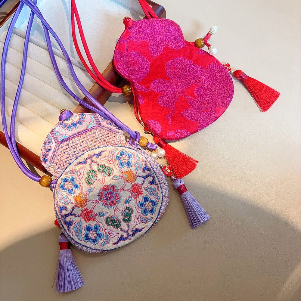Chinese-style Embroidered Eight Treasures Gourd Crossbody Bag and Phone Bag