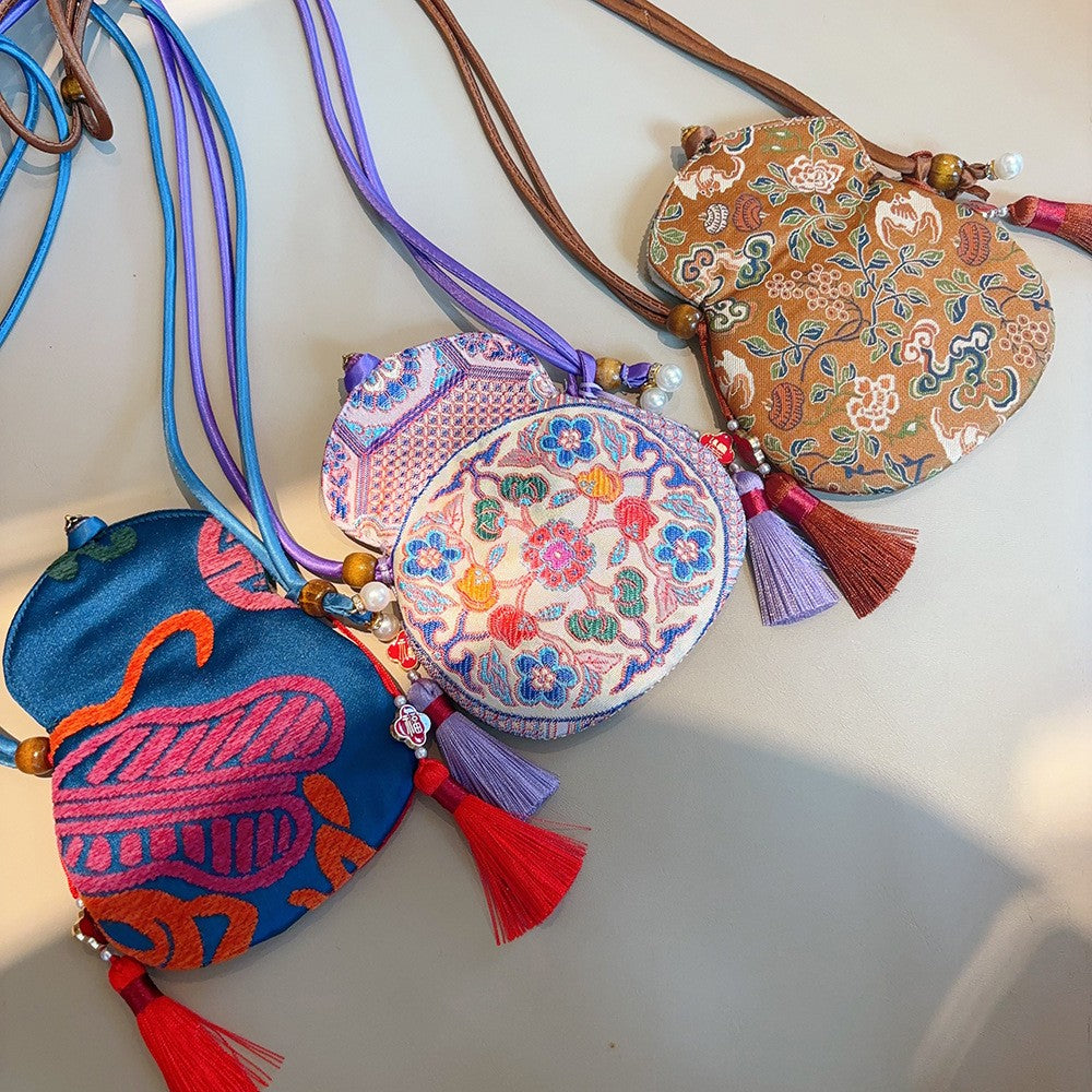 Chinese-style Embroidered Eight Treasures Gourd Crossbody Bag and Phone Bag