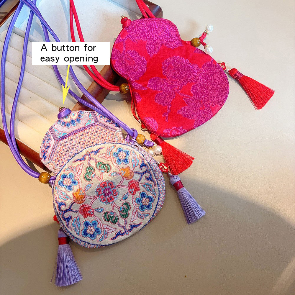 Chinese-style Embroidered Eight Treasures Gourd Crossbody Bag and Phone Bag