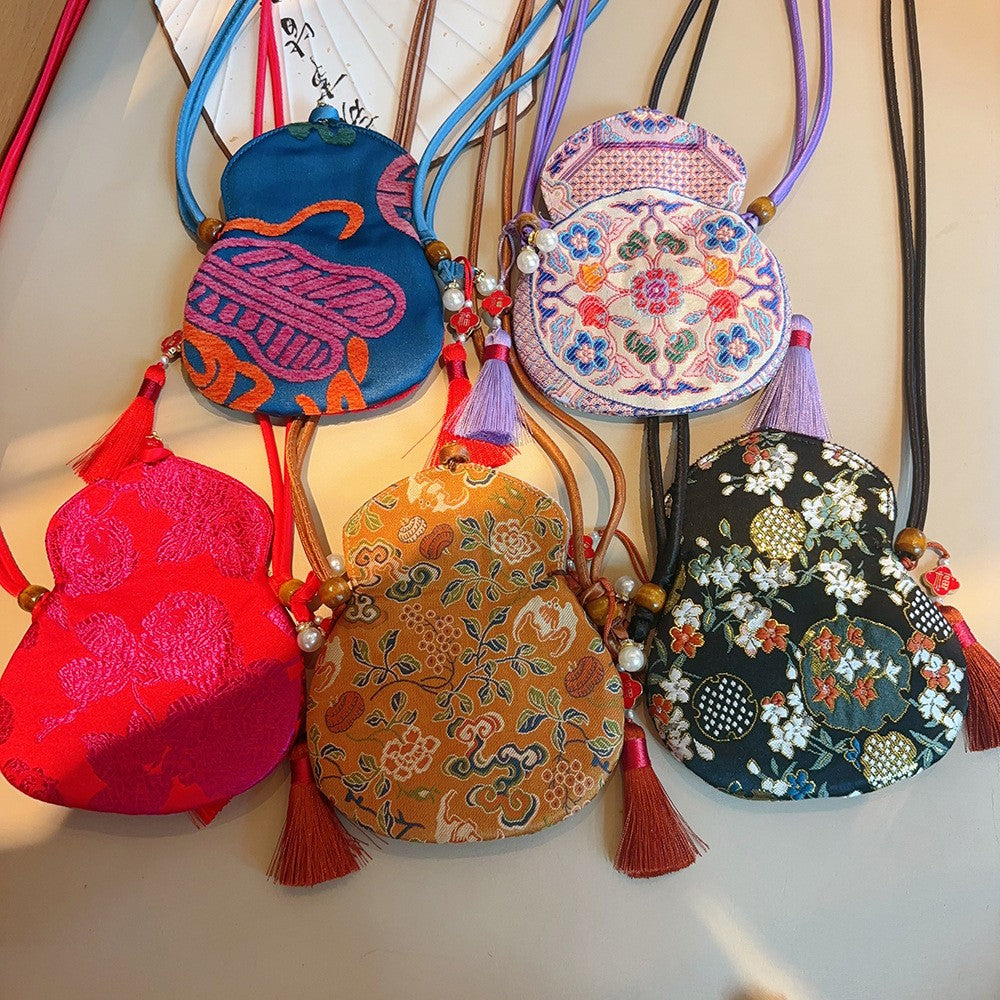 Chinese-style Embroidered Eight Treasures Gourd Crossbody Bag and Phone Bag