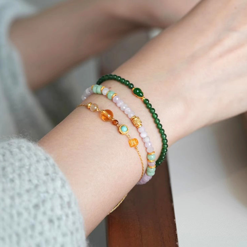 Natural Untreated Icy Jadeite Bracelet in Yanglv with 18K Gold Gourd